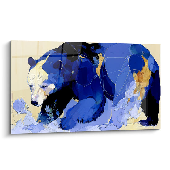 Ours brun peint en bleu marine et doré, démarche lente sur fond beige, style graphique fragmenté