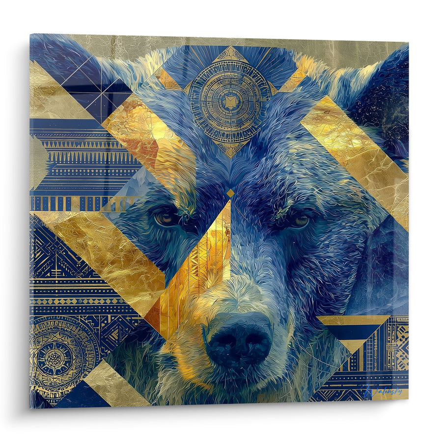 Tableau Ours bleu marine et doré géométrique - Totem ancestral - Edition Ours brun