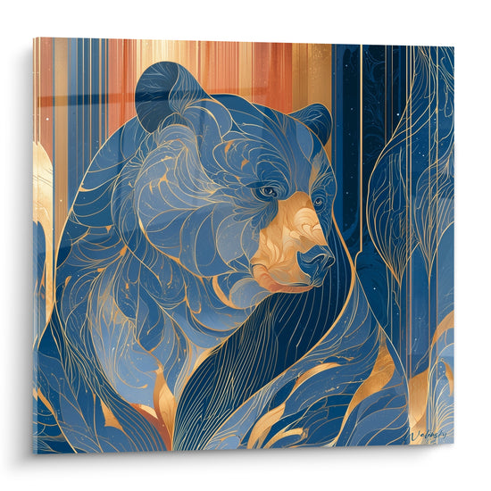 Ours brun stylisé aux lignes dorées, fourrure bleu marine et museau terracotta sur fond orangé rayé