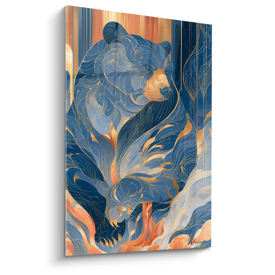Ours brun stylisé aux lignes bleu marine et dorées sur fond de bandes verticales orangées