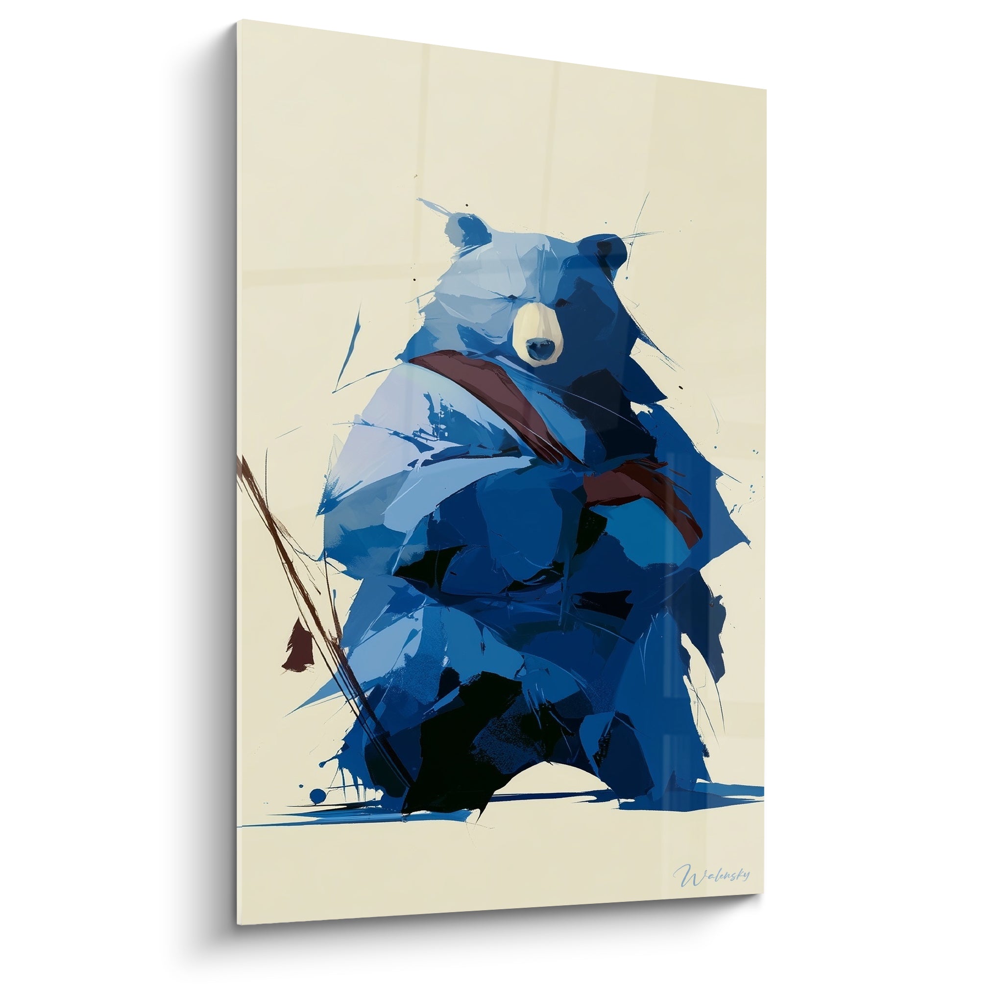 Ours brun bleu marine et bordeaux, formes géométriques fragmentées, museau clair sur fond ivoire