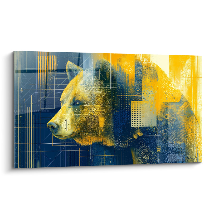 Gemälde Braunbär in Marineblau- und Gelbtönen – Grafische Kraft – Edition Braunbär