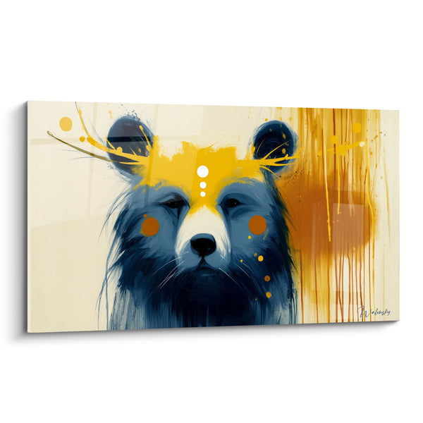 Tableau Ours bleu nuit et jaune aux pois blancs - Coulures ambrées frontales - Edition Ours brun