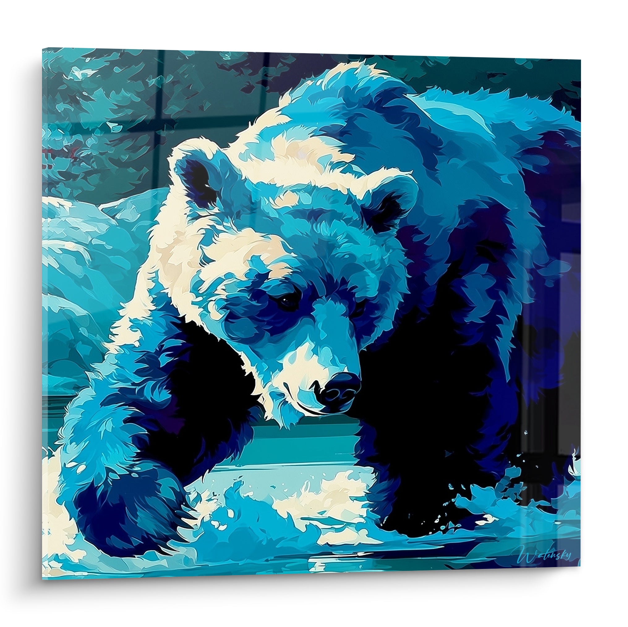 Ours brun penché en posture de pêche, fourrure bleu marine et turquoise, style graphique intense