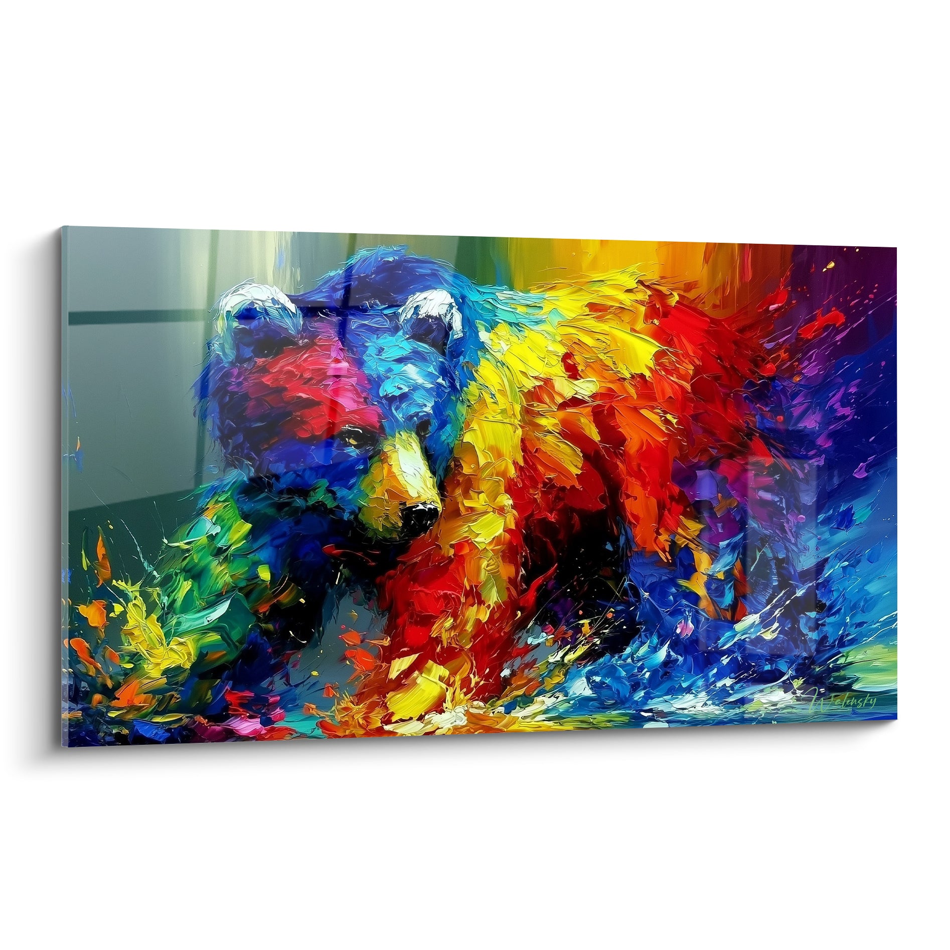 Ours brun peint en bleu marine et rouge vermillon, technique au couteau expressive et vibrante