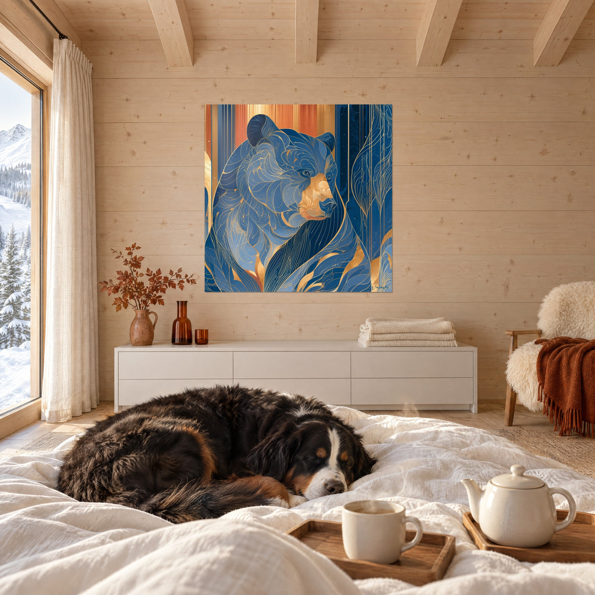 Cuadro Oso en formato retrato con volutas azul celeste y oro, rayas cobre, colgado encima de una cama en un dormitorio luminoso