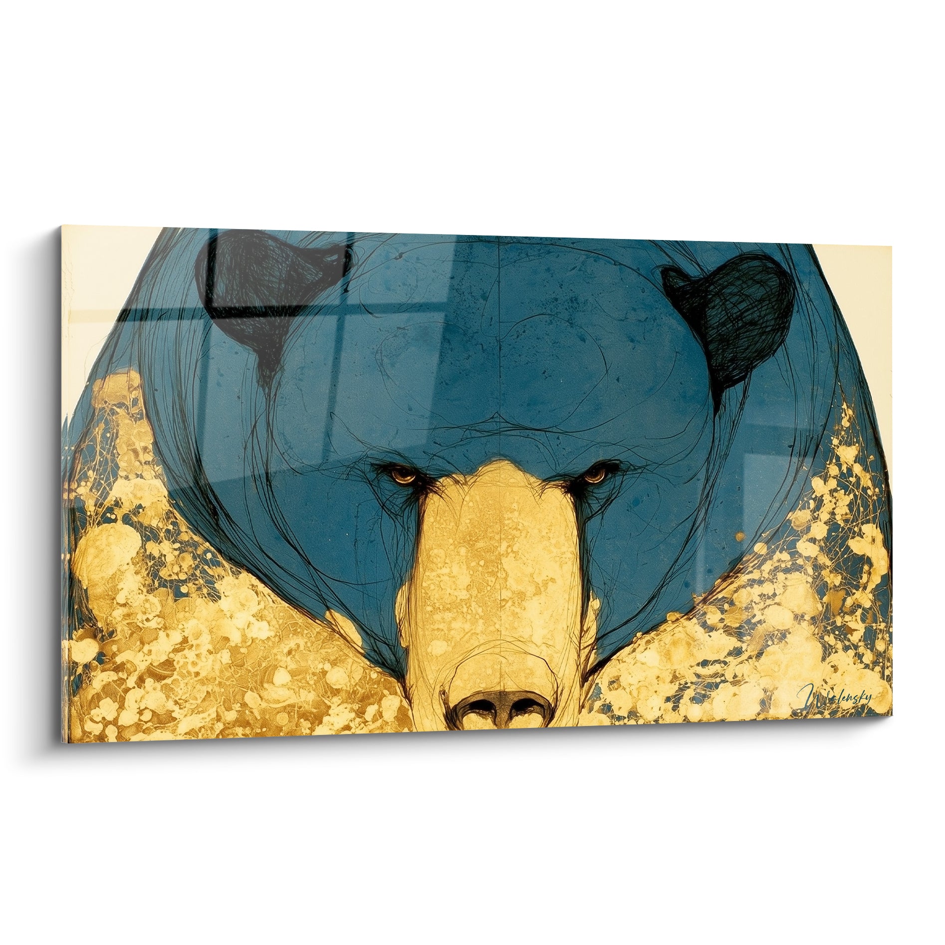 Ours brun au regard fixe, bleu pétrole et doré éclaboussé, trait graphique intense