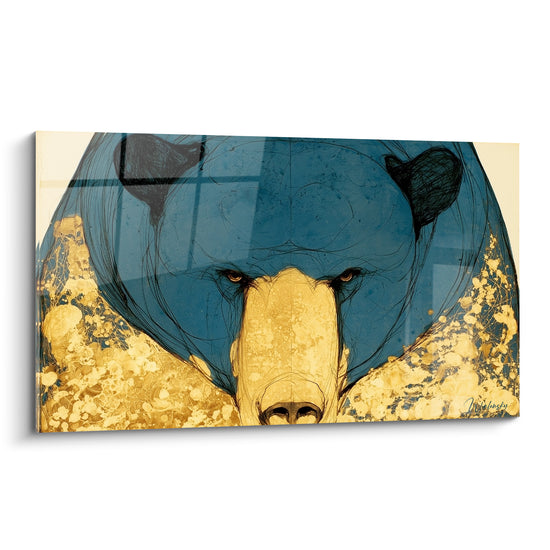 Ours brun au regard fixe, bleu pétrole et doré éclaboussé, trait graphique intense