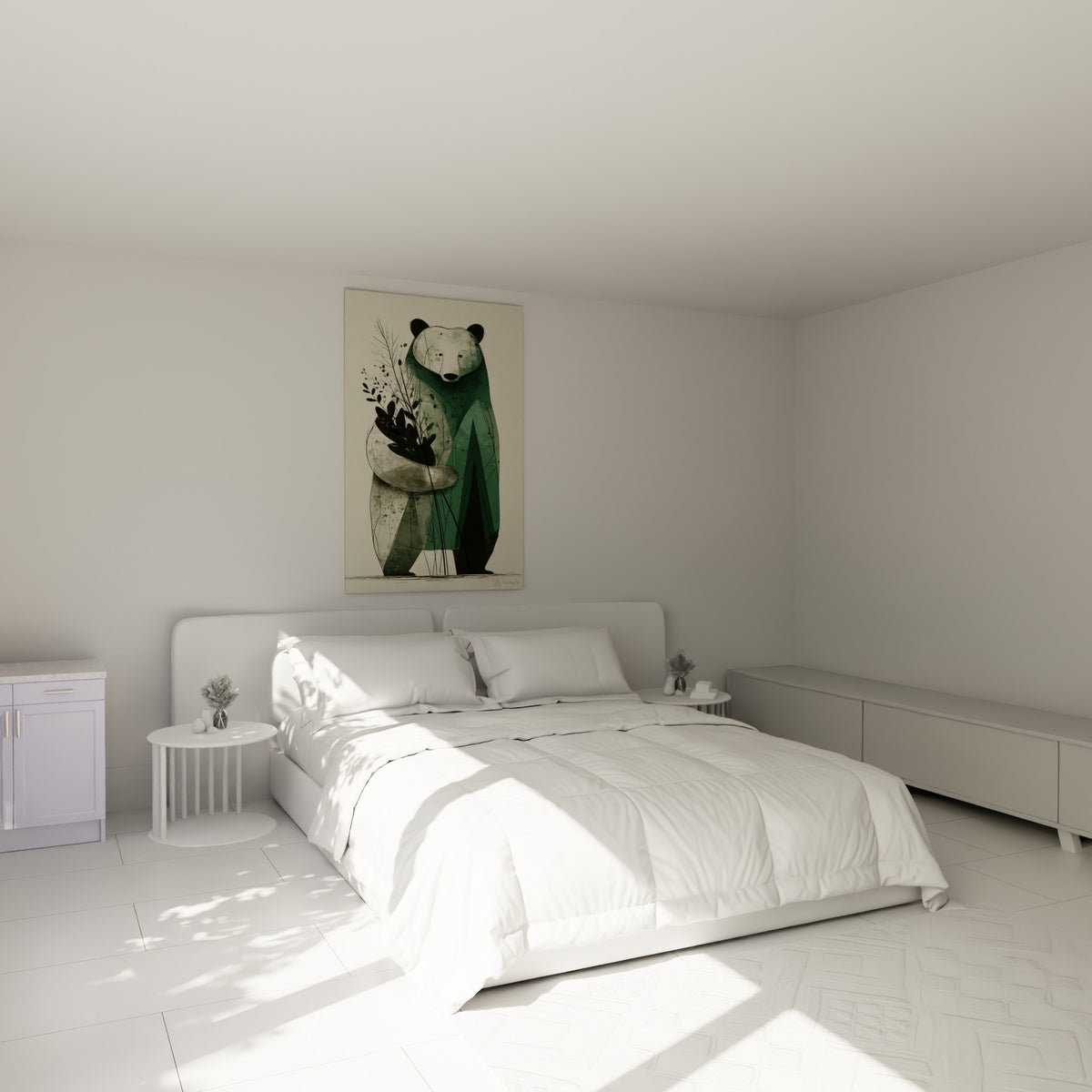 Silhouette d'ours brun vert et beige accompagnée de branches noires, au-dessus d'un lit dans une chambre claire