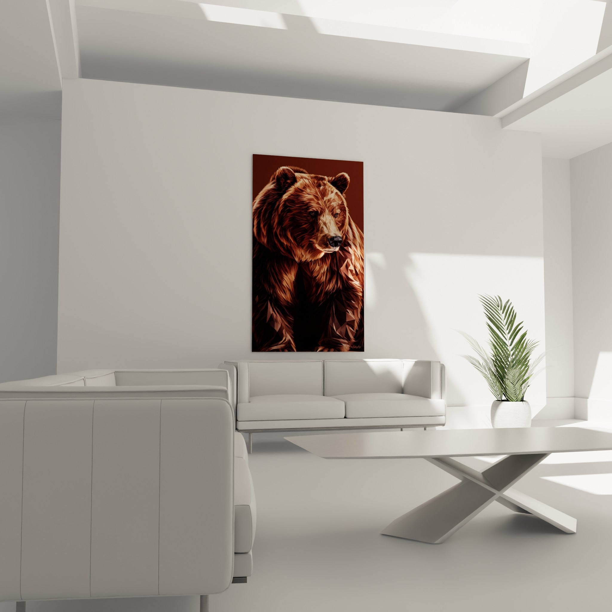 Majestueux ours brun bronze et terracotta, traitement graphique, au-dessus d'un canapé dans un salon lumineux