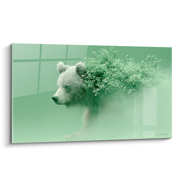 Tableau Ours brun fondu en buisson fleuri vert - Fusion végétale - Edition Ours brun