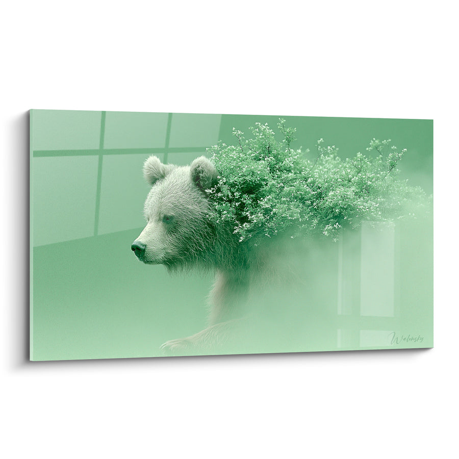 Gemälde Braunbär schmilzt in blühendem grünen Busch - Pflanzenfusion - Braunbär Edition