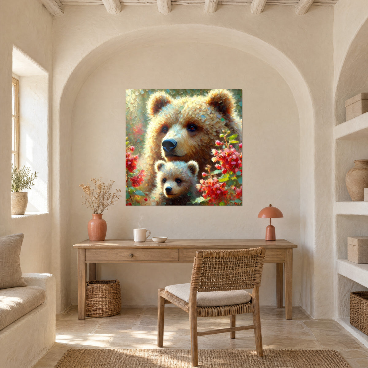 Tableau portrait d'une ourse câlinant son ourson, fourrure beige dorée, baies rouges, au-dessus d'un bureau en bois clair, alcôve voûtée