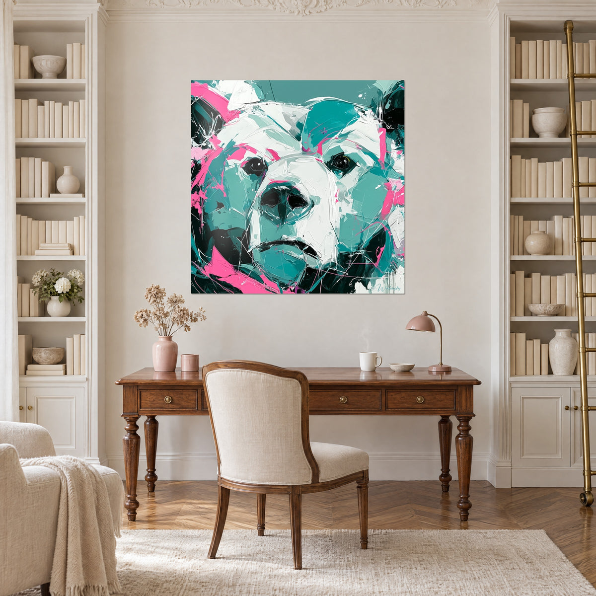 Tableau tête d'ours expressive, coups de spatule turquoise, roses et noirs, entre deux bibliothèques d'un bureau haussmannien