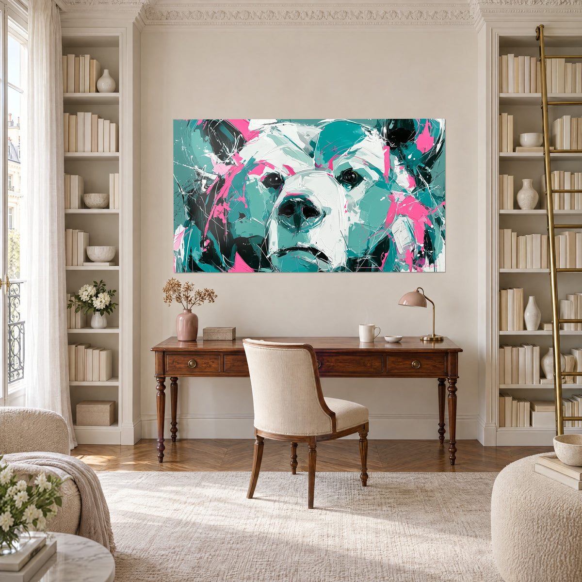Tableau face de l'ours aux yeux sombres, fond turquoise, taches roses, entre deux bibliothèques d'un bureau haussmannien
