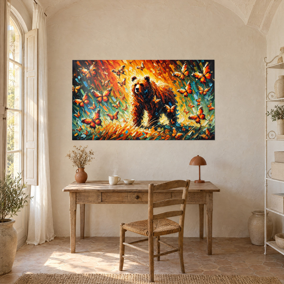 Tableau portrait d'ours entouré d'ailes rouge feu et jaune soleil, coups de couteau lumineux, bureau en bois et chaise paillée