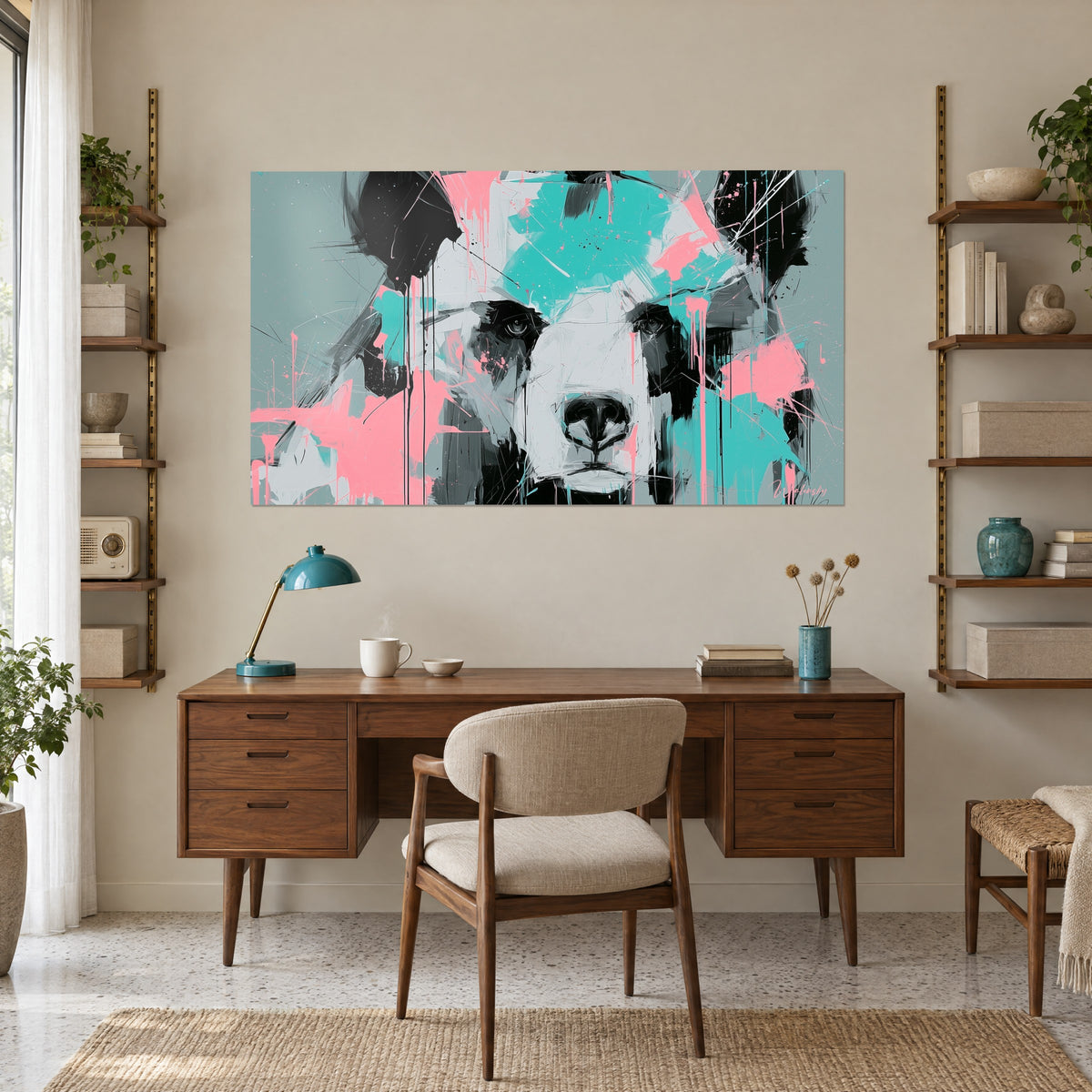 Quadro orso bruno in pittura gestuale, schizzi turchesi e rosa su grigio, sopra una scrivania in legno e una lampada turchese