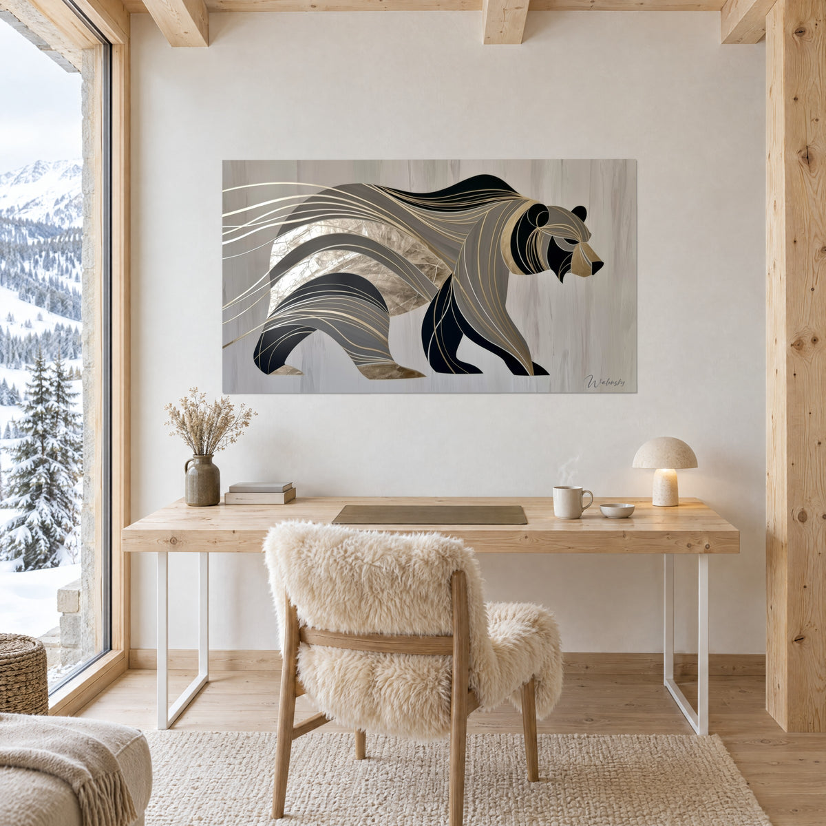 Wall art massive beast in silver and black slats, gold filaments, hung on a white wall above a light wood desk