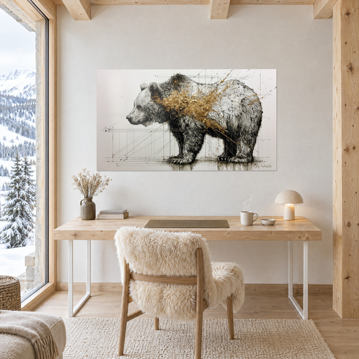 Gemälde Bergraubtier als Skizze in Schwarz und Weiß, goldene Spritzer, deutlich markierte Krallen, über einem hellen Schreibtisch im Chalet