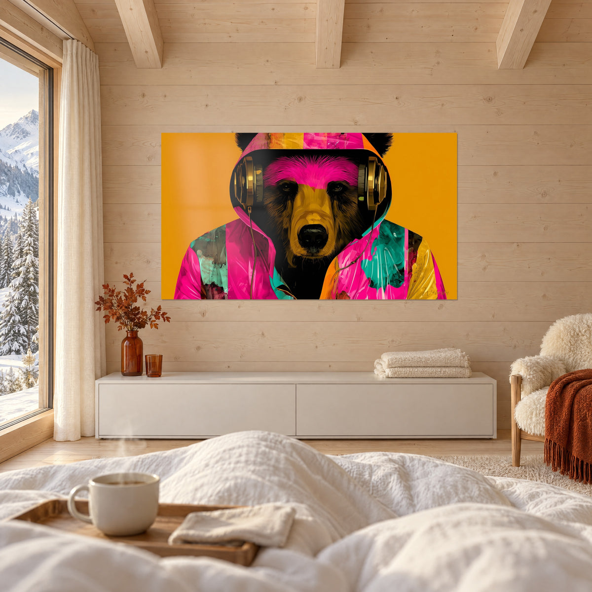 Tableau plantigrade casqué d'or, capuche fuchsia et manches turquoise, fond jaune moutarde, sur un mur de bois clair au-dessus d'un lit dans une chambre claire