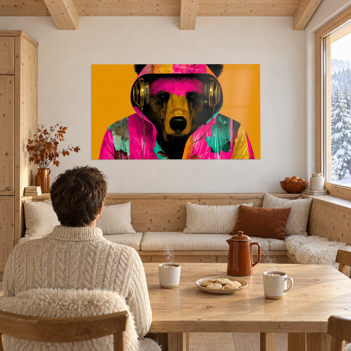 Tableau portrait d'ours aux écouteurs dorés, veste rose et vert d'eau, fond ambre, face à un homme de dos assis à une table de chalet