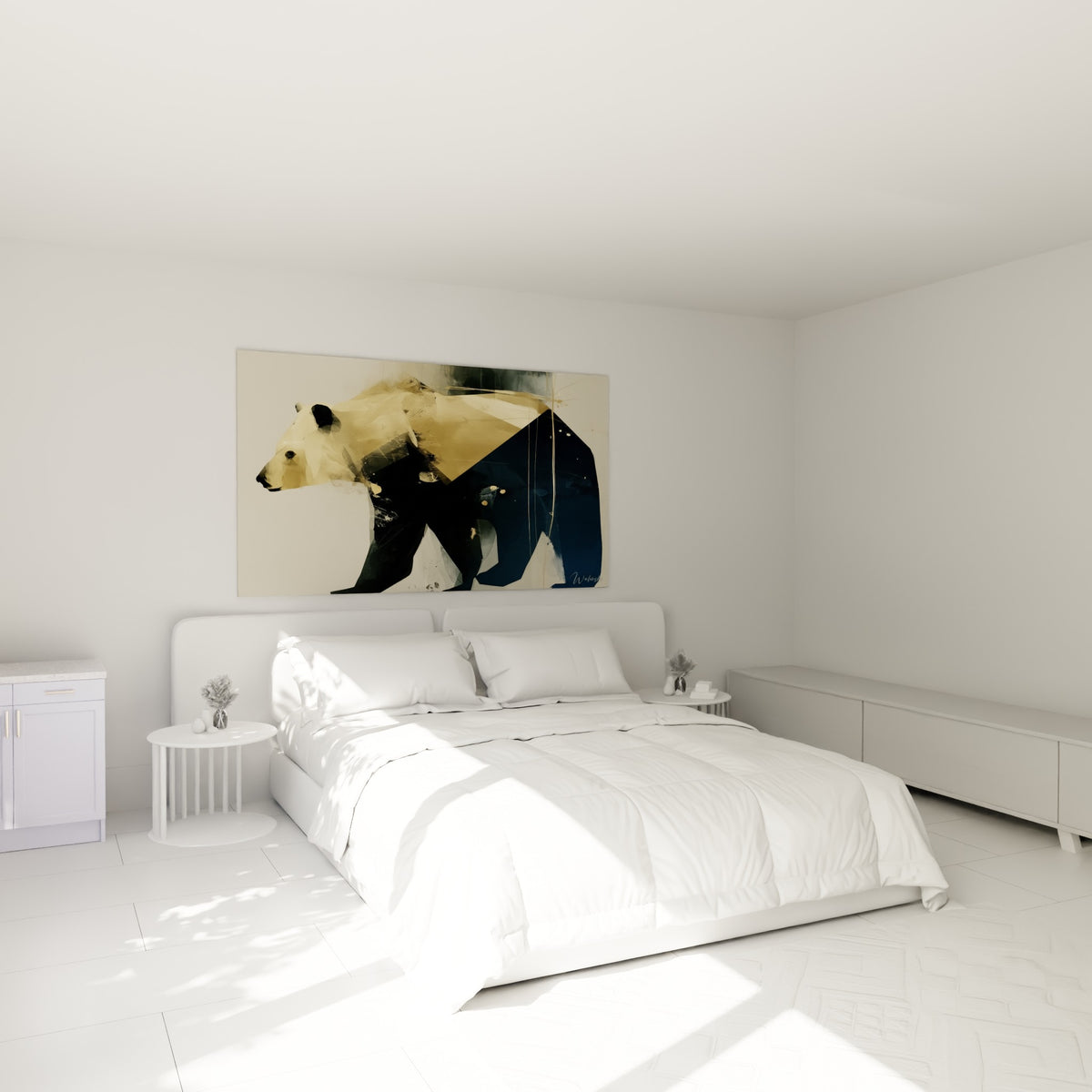 Silhouette d'ours brun doré et anthracite en mouvement, accrochée au-dessus d'un lit dans une chambre claire