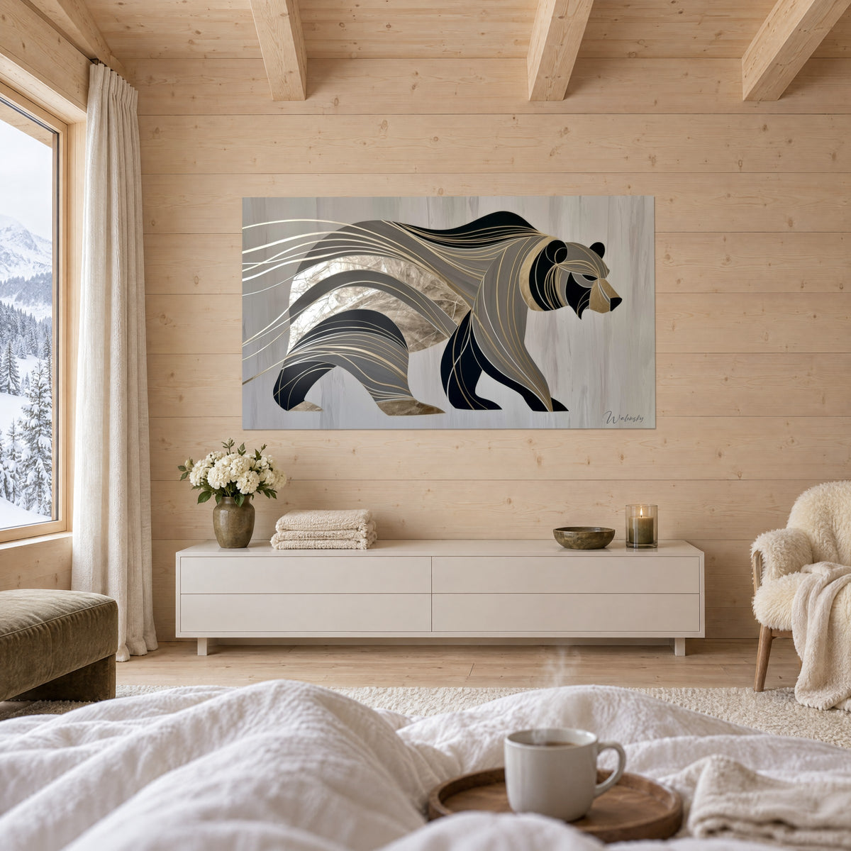 Wall art grizzly bear with grey and black curves, fine gold lines, facing a couple seen from behind, above a bed in a bright bedroom