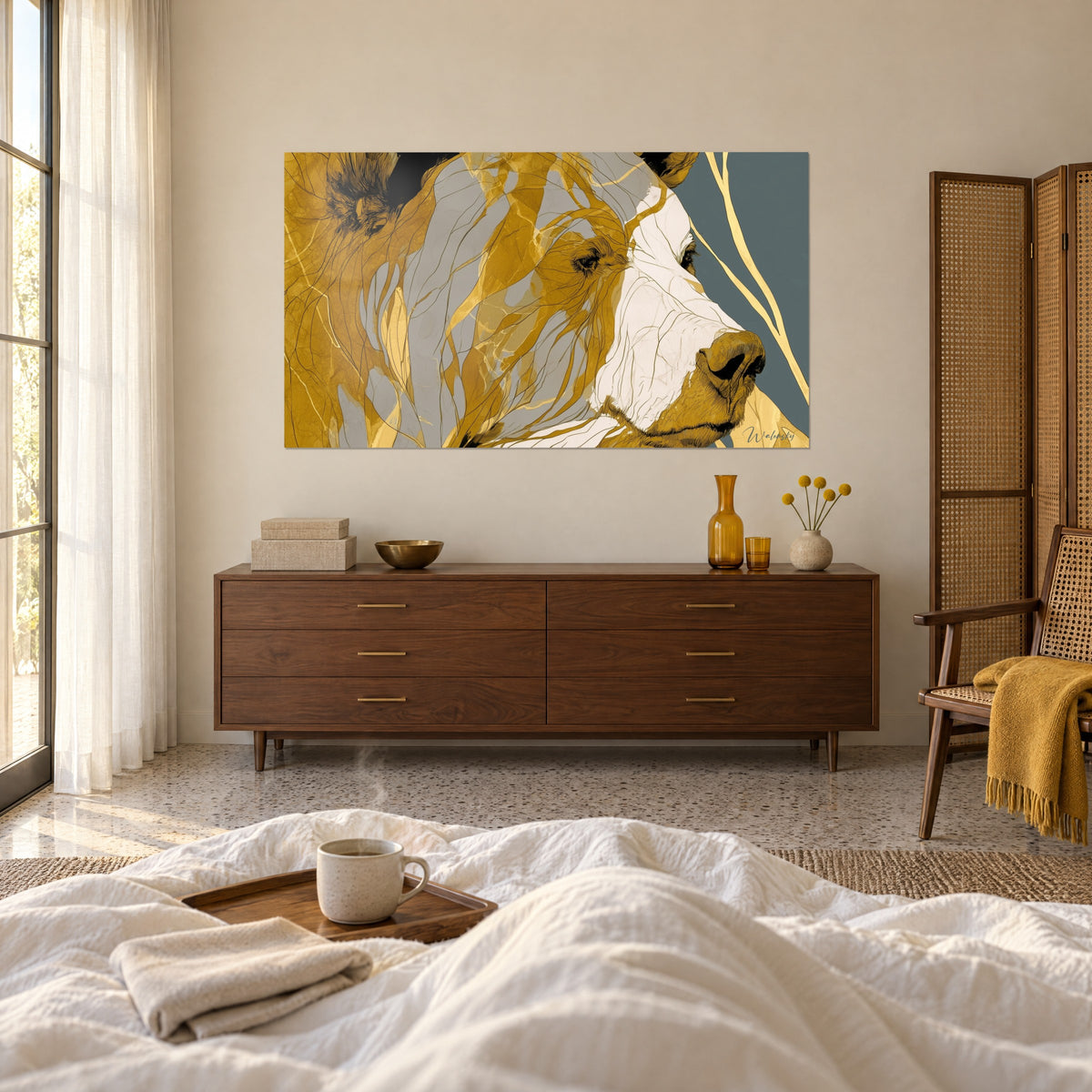 Tableau tête d'ours en aplats ocre et gris clair, museau ivoire, un fin trait doré sur fond bleu-gris, au-dessus d'un lit dans une chambre claire