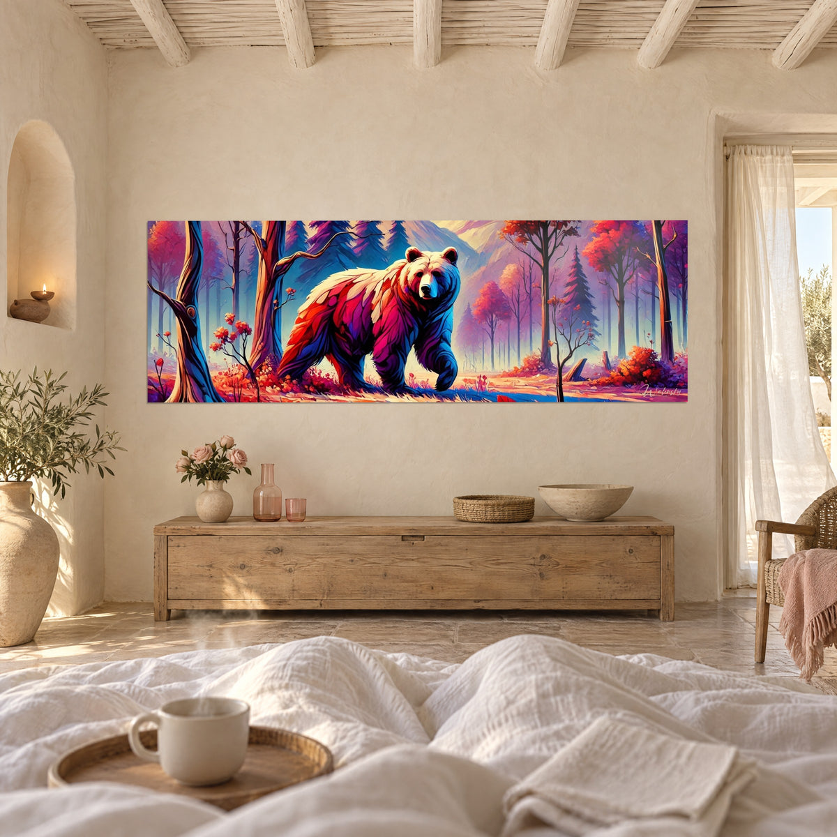 Tableau grizzly aux flancs pourpres et rouge vif avançant sous des arbres d'automne, ciel lavande, au-dessus d'un lit dans une chambre claire