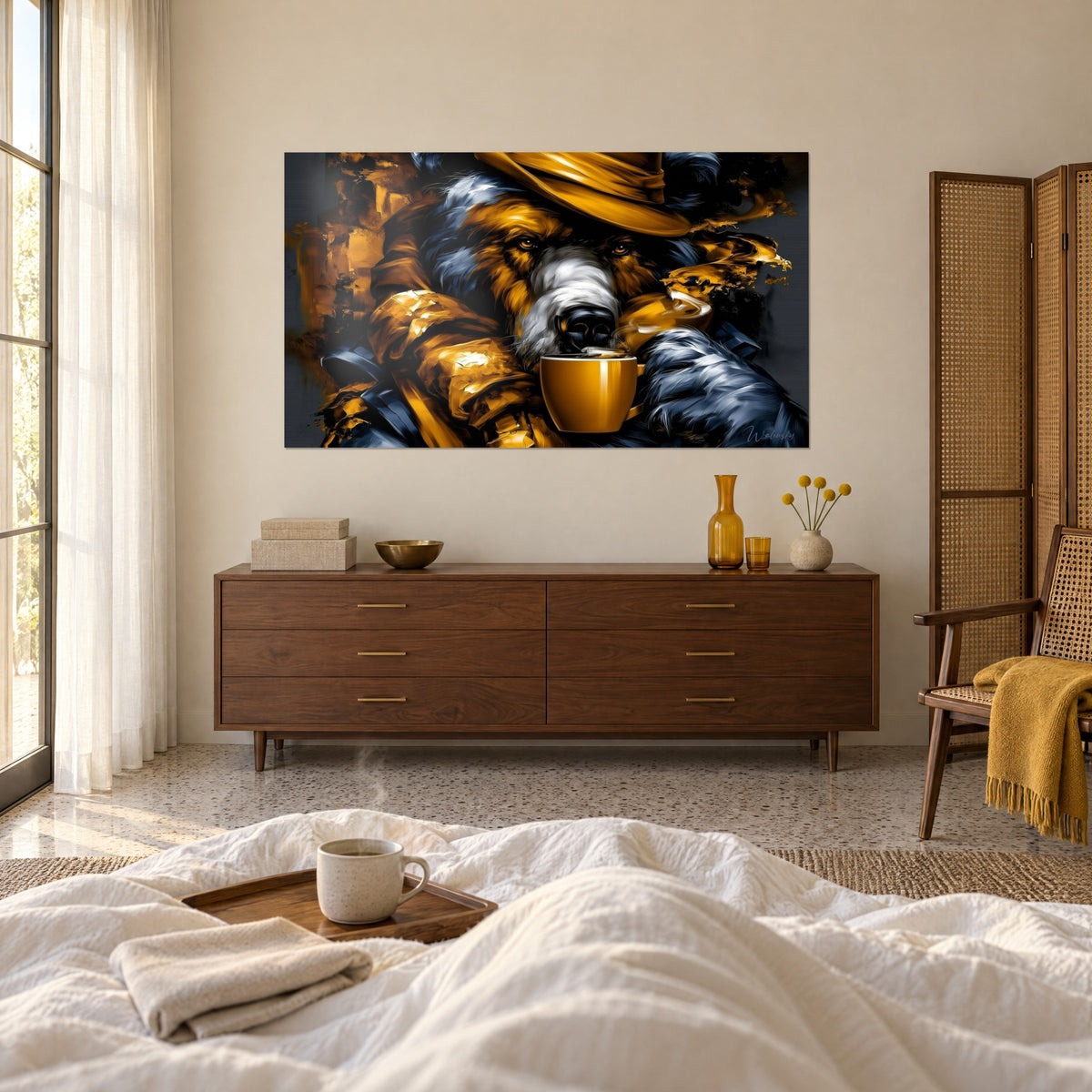 Wall art of a bear in a hat and thick golden coat, steel-blue fur, above a bed in a light bedroom