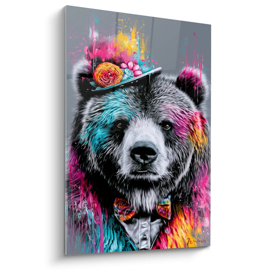 Ours brun au chapeau fleuri turquoise et fuchsia, regard intense, style pictural éclatant
