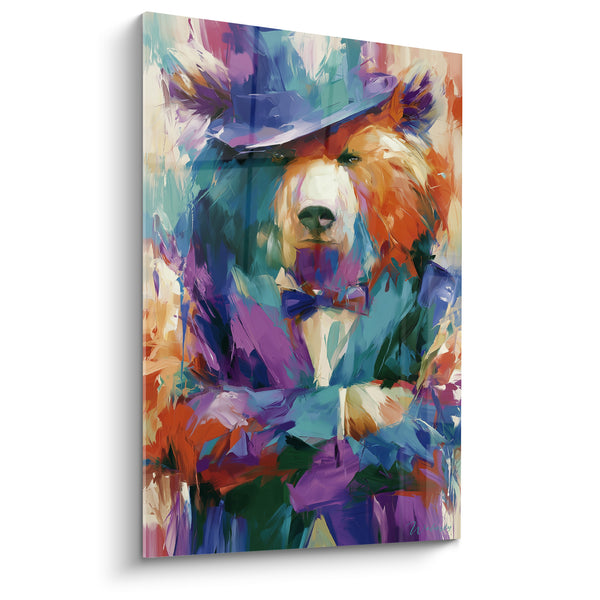 Tableau Ours brun chapeau violet et nœud papillon - Élégance facétieuse - Edition Ours brun