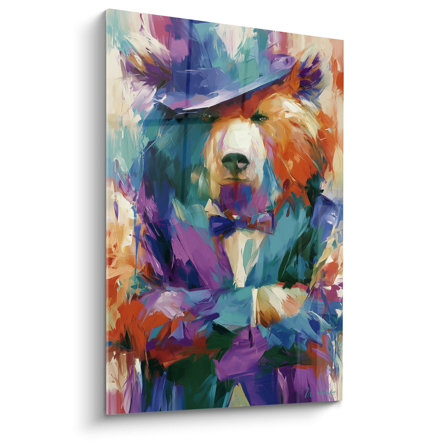 Tableau Ours brun chapeau violet et nœud papillon - Élégance facétieuse - Edition Ours brun