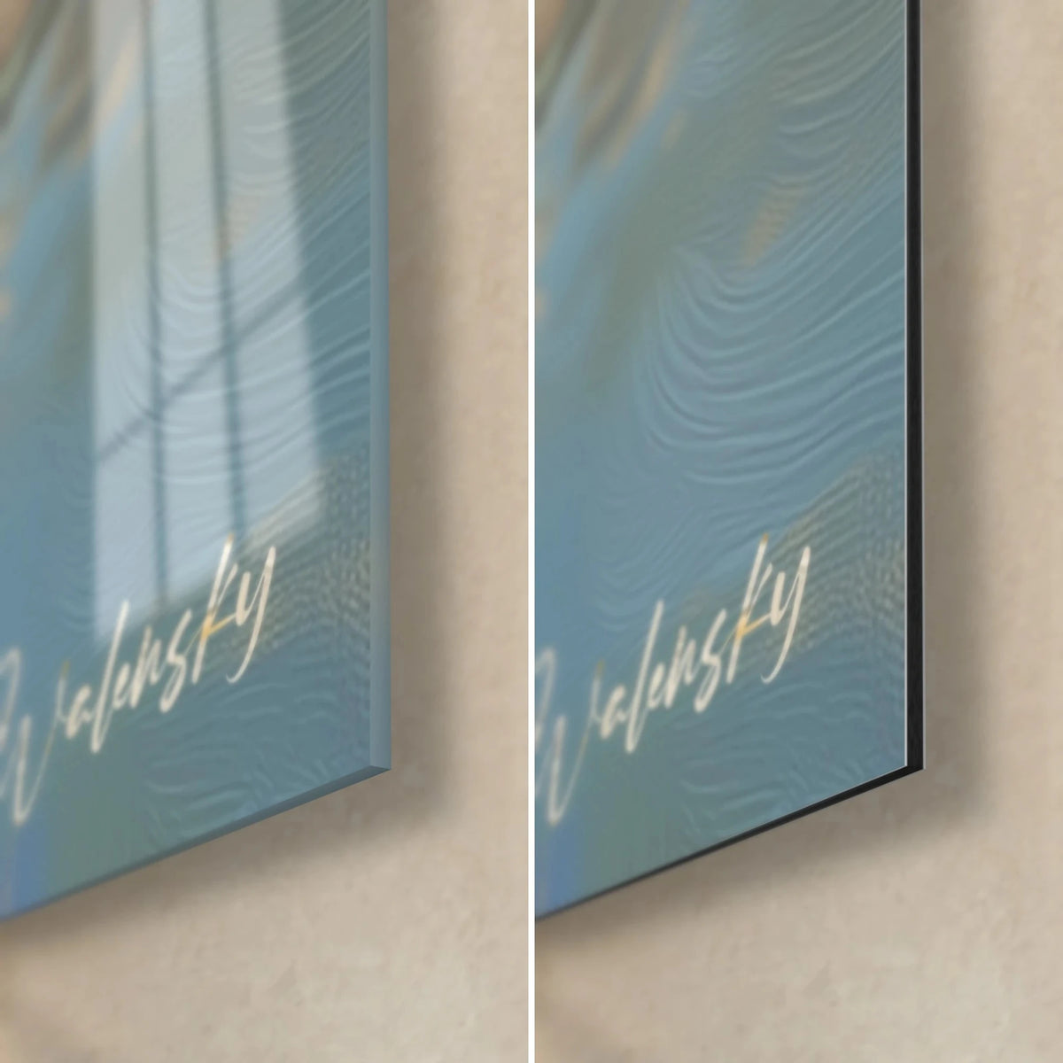 Gemälde Braunbärenfamilie im Wasser, Signatur unten rechts: weiß auf Himmelblau, glänzendes Glas links, mattes Dibond rechts