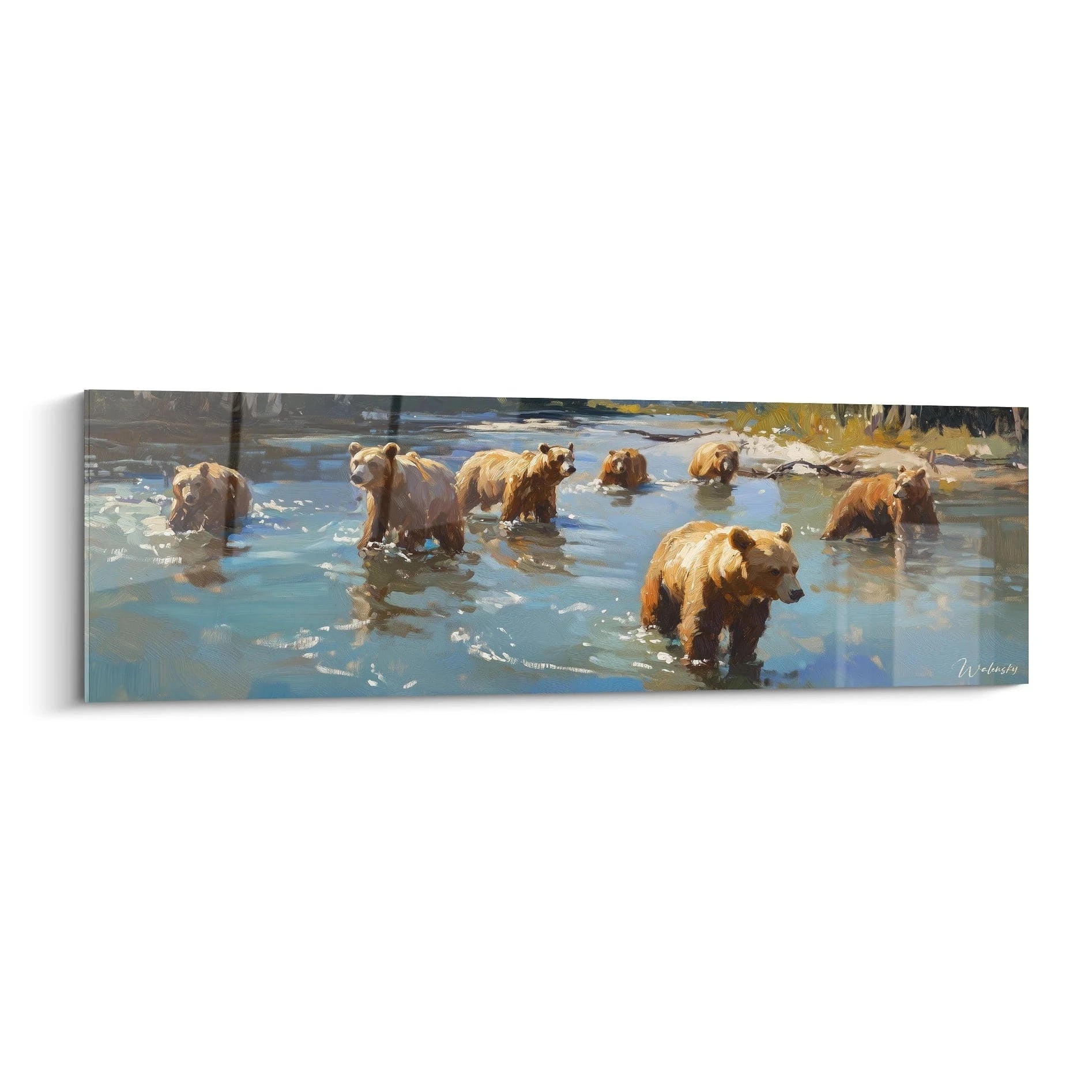 Tableau ours brun Walensky montrant un groupe d'ours bruns dans une rivière au style peinture réaliste