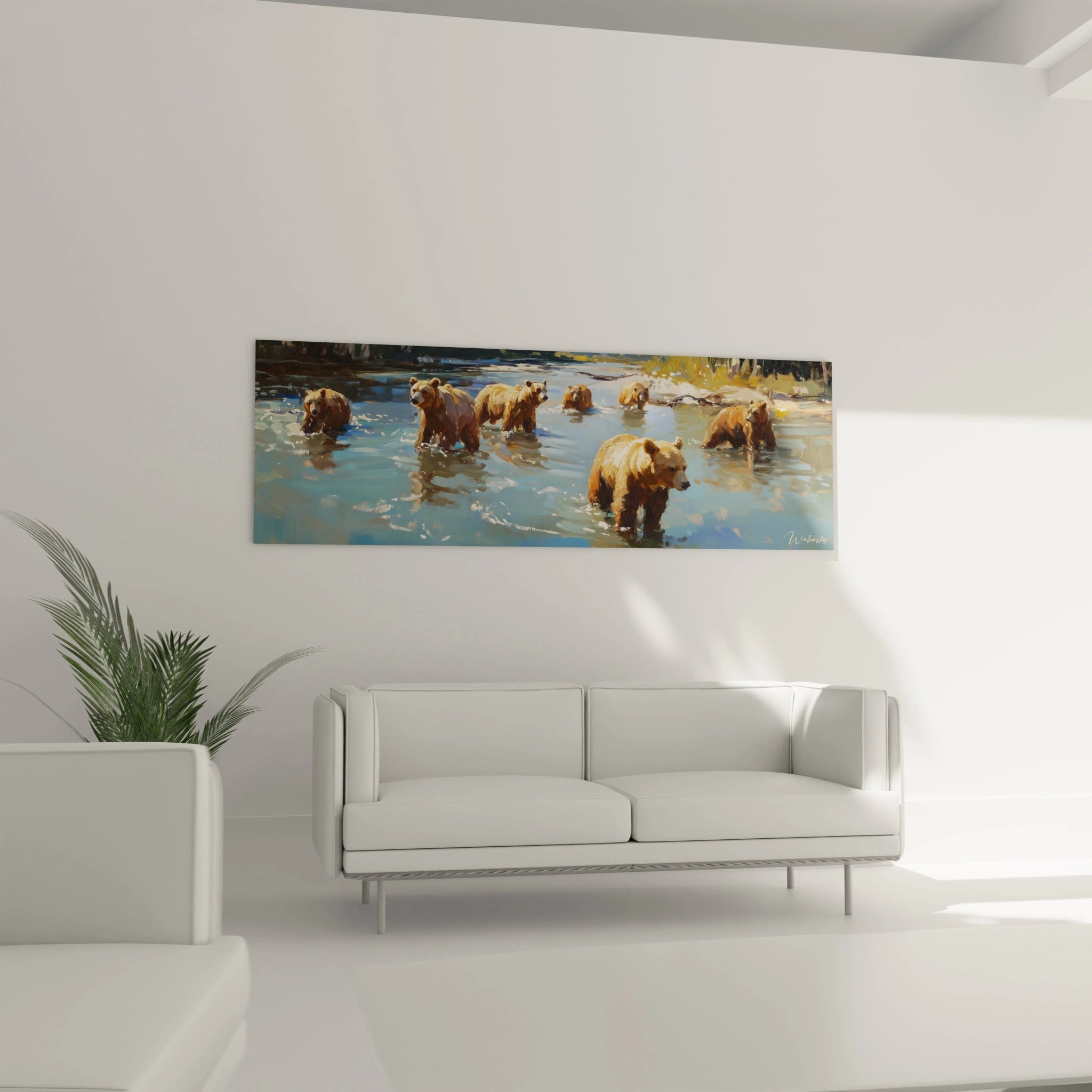 Tableau ours brun Walensky représentant plusieurs ours dans une rivière, décor mural salon moderne