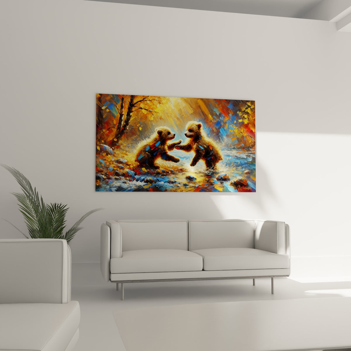 Deux oursons dorés s'amusant près de l'eau, tableau placé au-dessus d'un canapé dans un salon lumineux