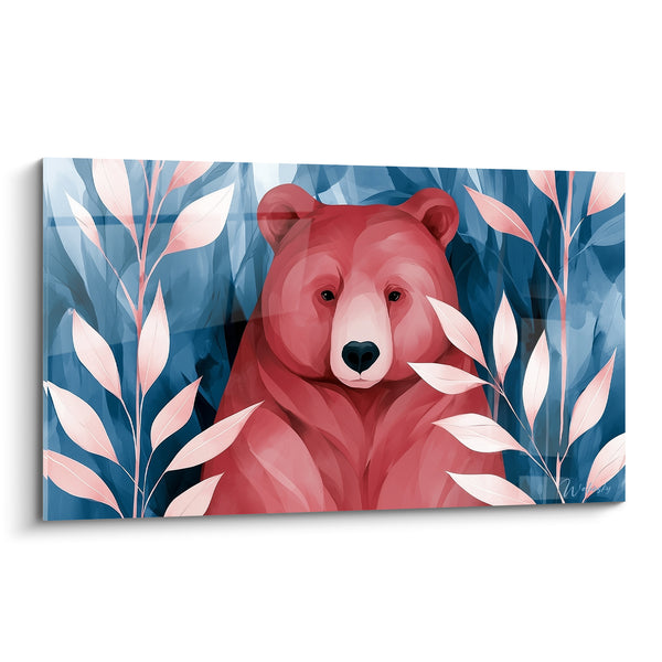 Tableau Ours corail entre feuillages bleu marine - Refuge silencieux - Edition Ours brun