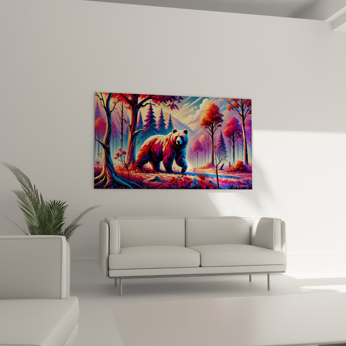 Ours brun corail et bleu marine dans une forêt stylisée, au-dessus d'un canapé dans un salon lumineux.