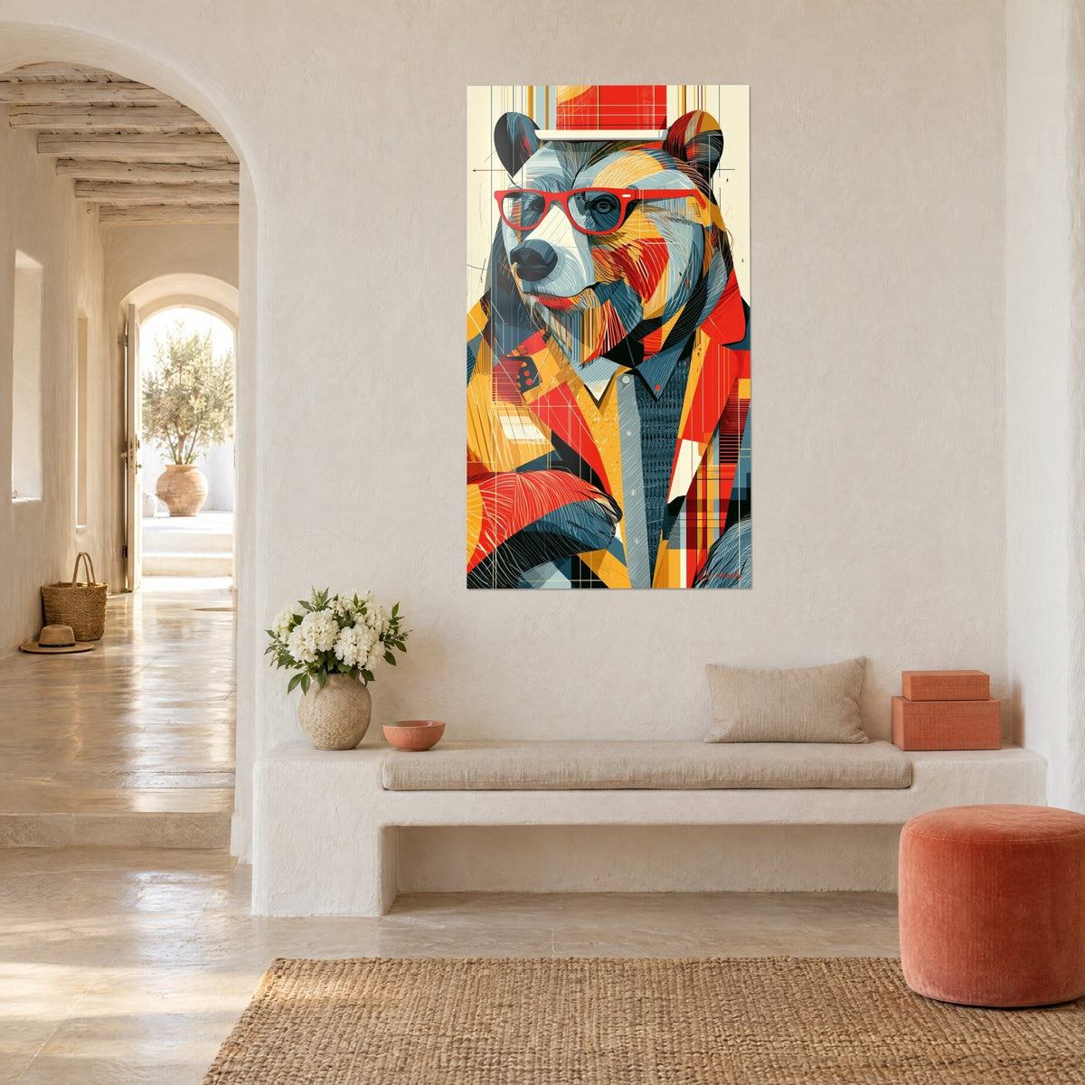 Wall art urban grizzly with scarlet frames, mustard yellow and blue-grey suit, in a white vaulted hallway