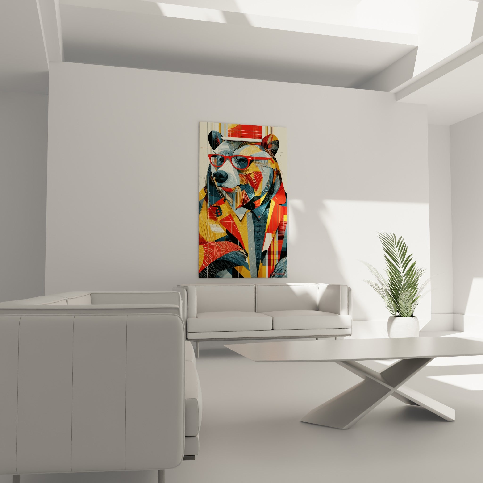 Ours brun en costume graphique bleu et rouge, suspendu au-dessus d'un canapé dans un salon lumineux