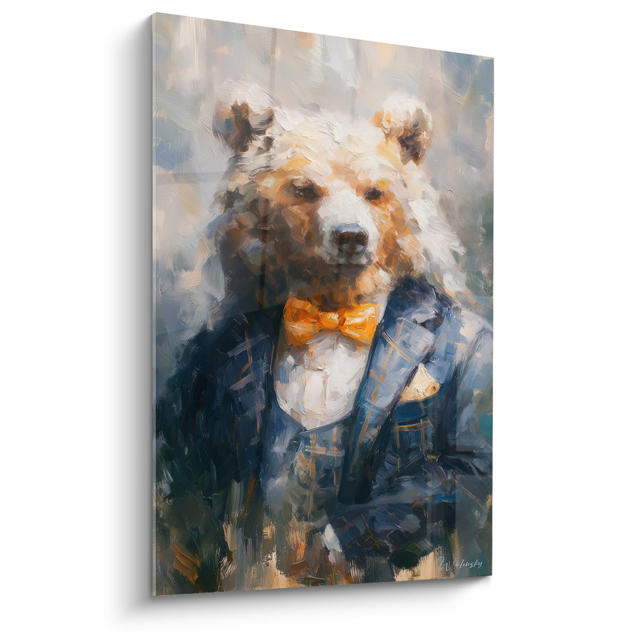 Tableau Ours élégant costume bleu et nœud orange - Portrait de dandy - Edition Ours brun