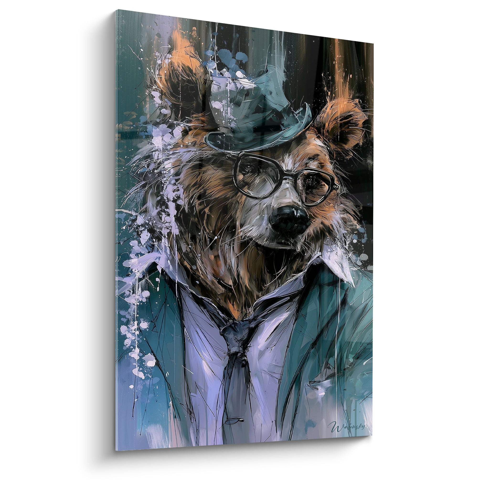 Ours brun en costume bleu anthracite, chapeau haut-de-forme et lunettes rondes, style graphique expressif