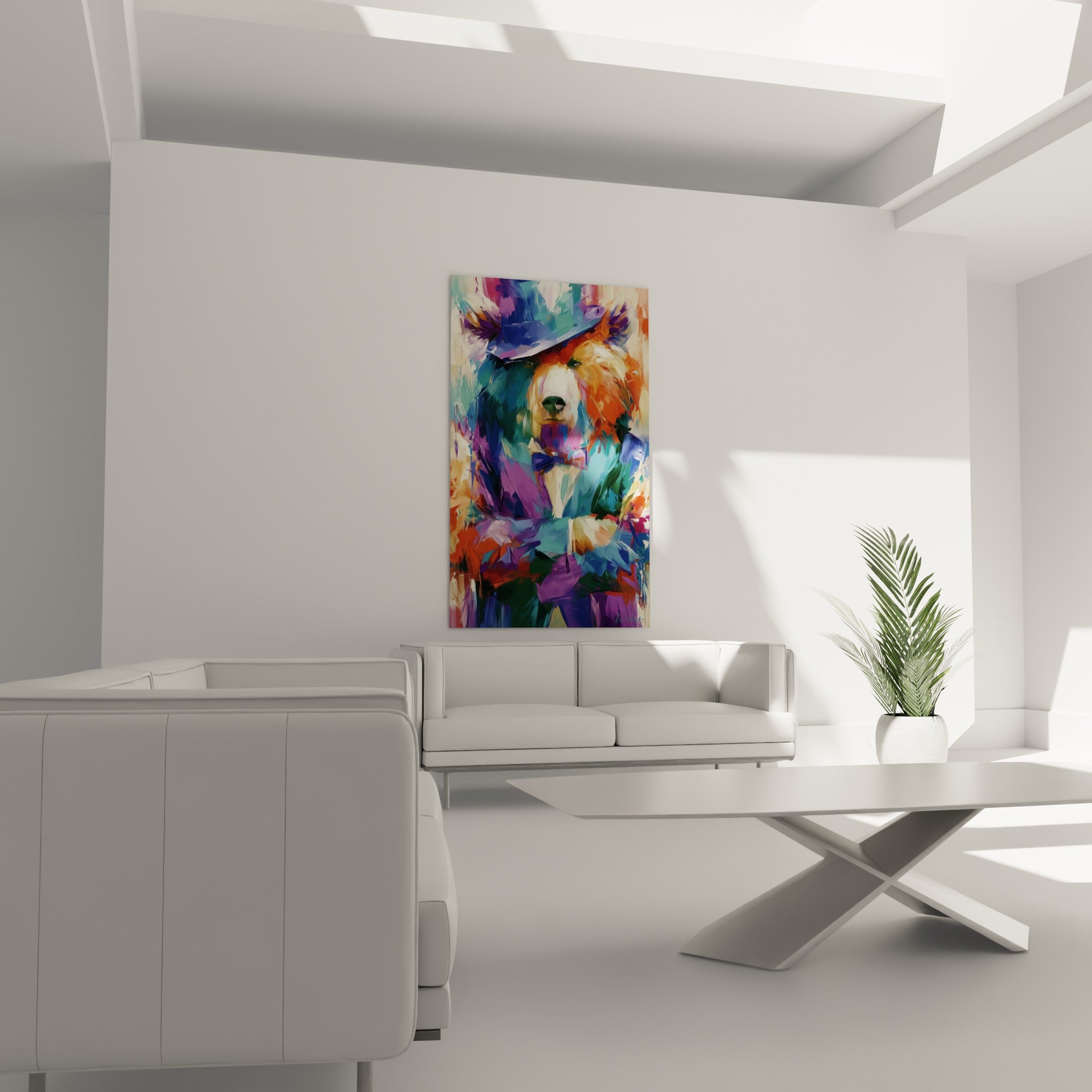 Ours brun coiffé d'un chapeau violet, teintes orangé et vertes vives, au-dessus d'un canapé dans un salon lumineux