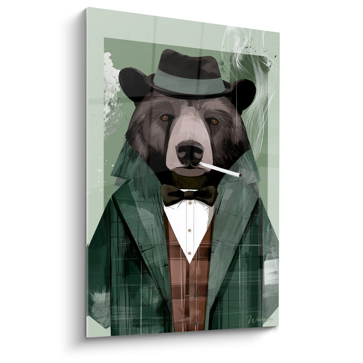 Ours brun en costume vert sauge et chapeau, cigarette aux lèvres, regard ambré intense