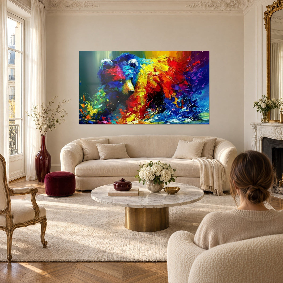 Wall art massive bear with cobalt blue and vermilion red fur, thick palette-knife strokes, above a sofa in a bright living room
