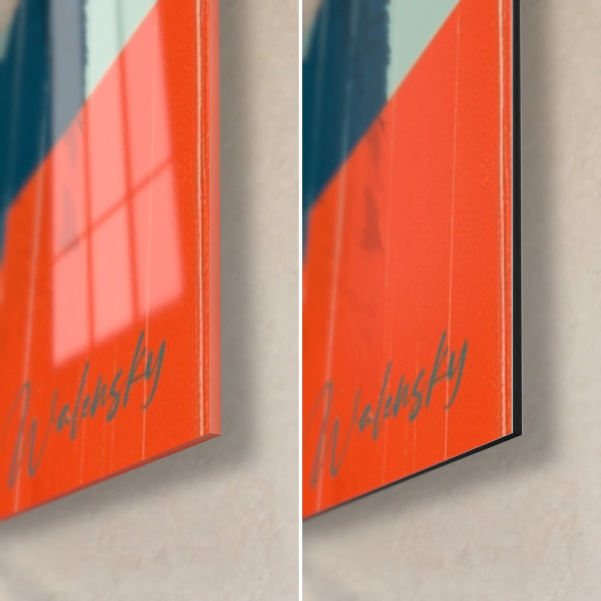 Gemälde brauner Bär mit Brille, leuchtend oranges Signaturfeld unten rechts von Walensky, glänzendes Glas links, mattes schwarzes Dibond rechts