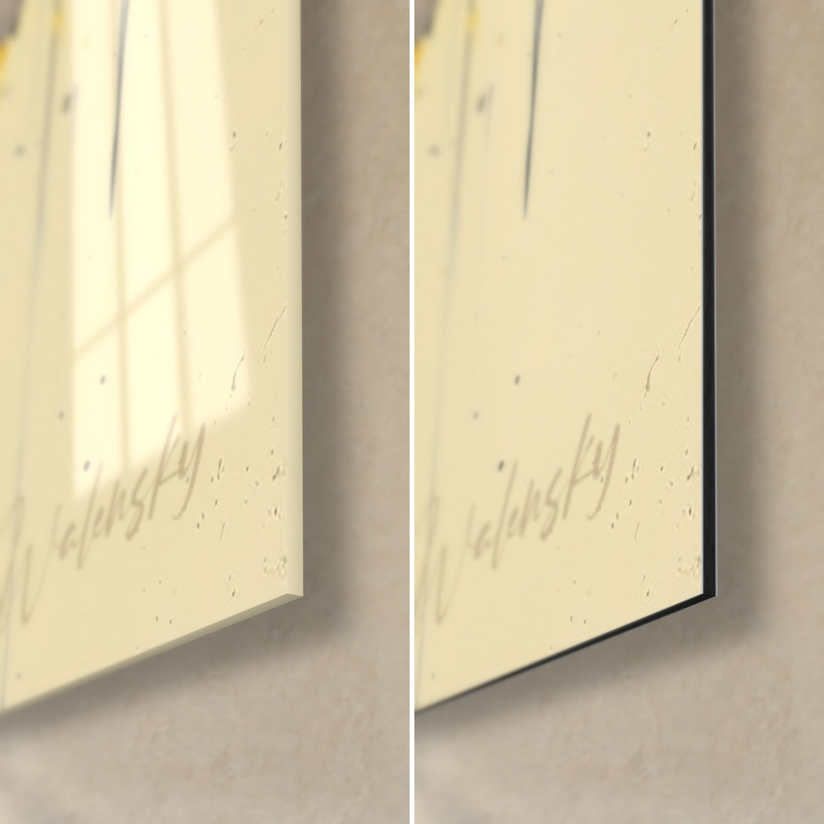 Quadro orso nero e giallo solare, angolo in basso a destra: vetro acrilico lucido a sinistra, alluminio Dibond opaco color crema a destra, spessore 3 mm