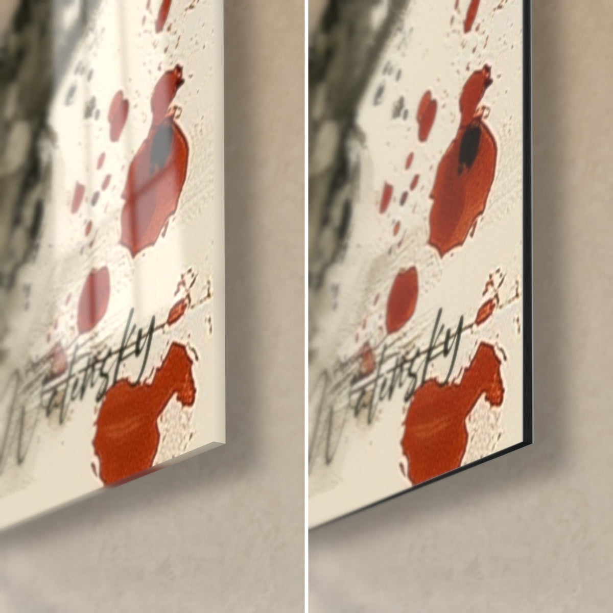 Wall art samurai bear, bottom right corner: carmine red stains and black signature, glossy glass on the left, matte Dibond on the right