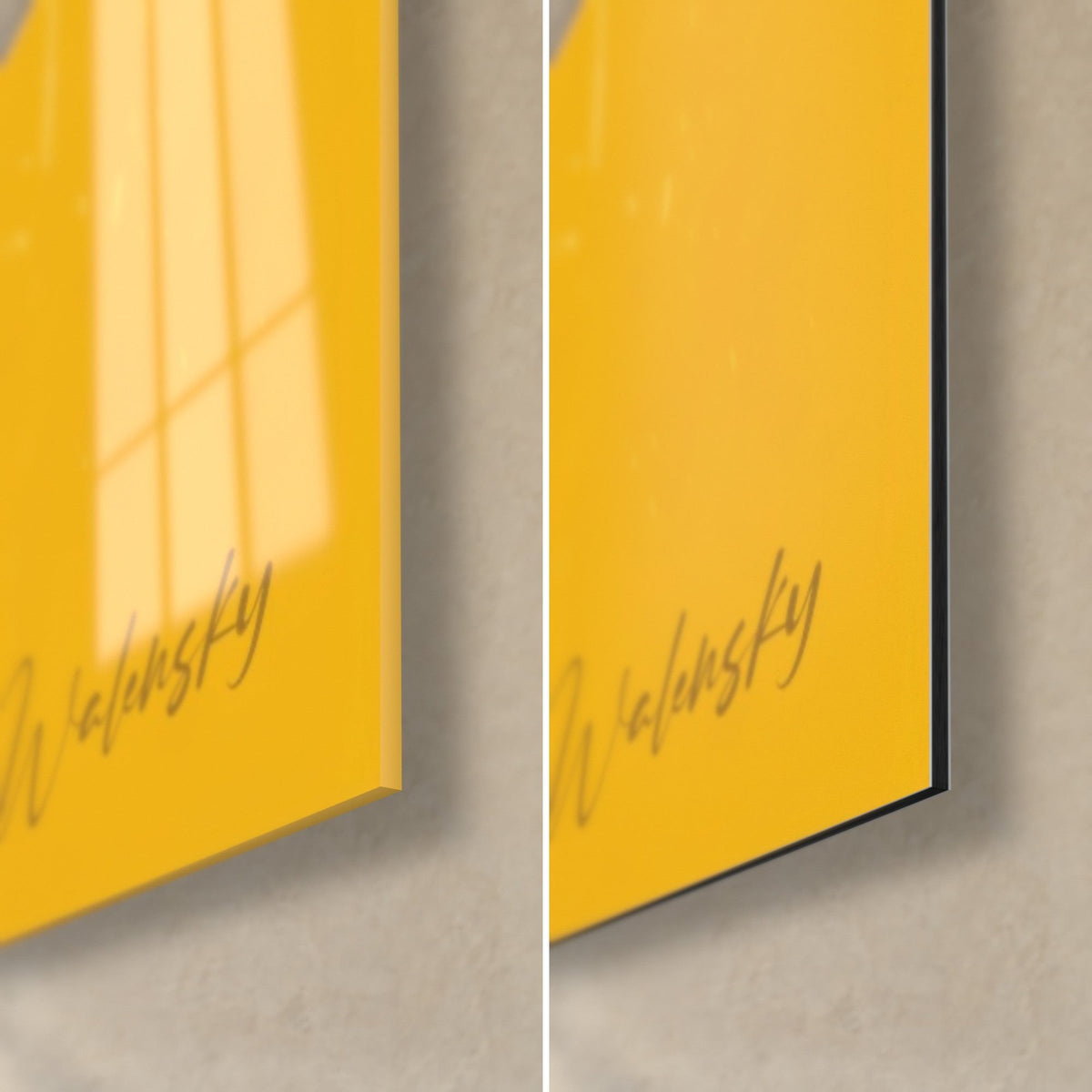 Wall art bear silhouette, mustard-yellow lower right corner with Walensky signature, glossy acrylic glass on the left, matte black Dibond on the right
